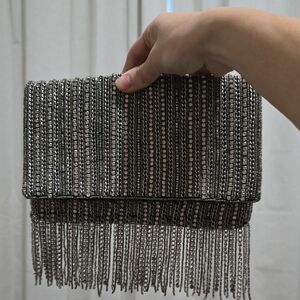 Elegant Silver Beaded Clutch